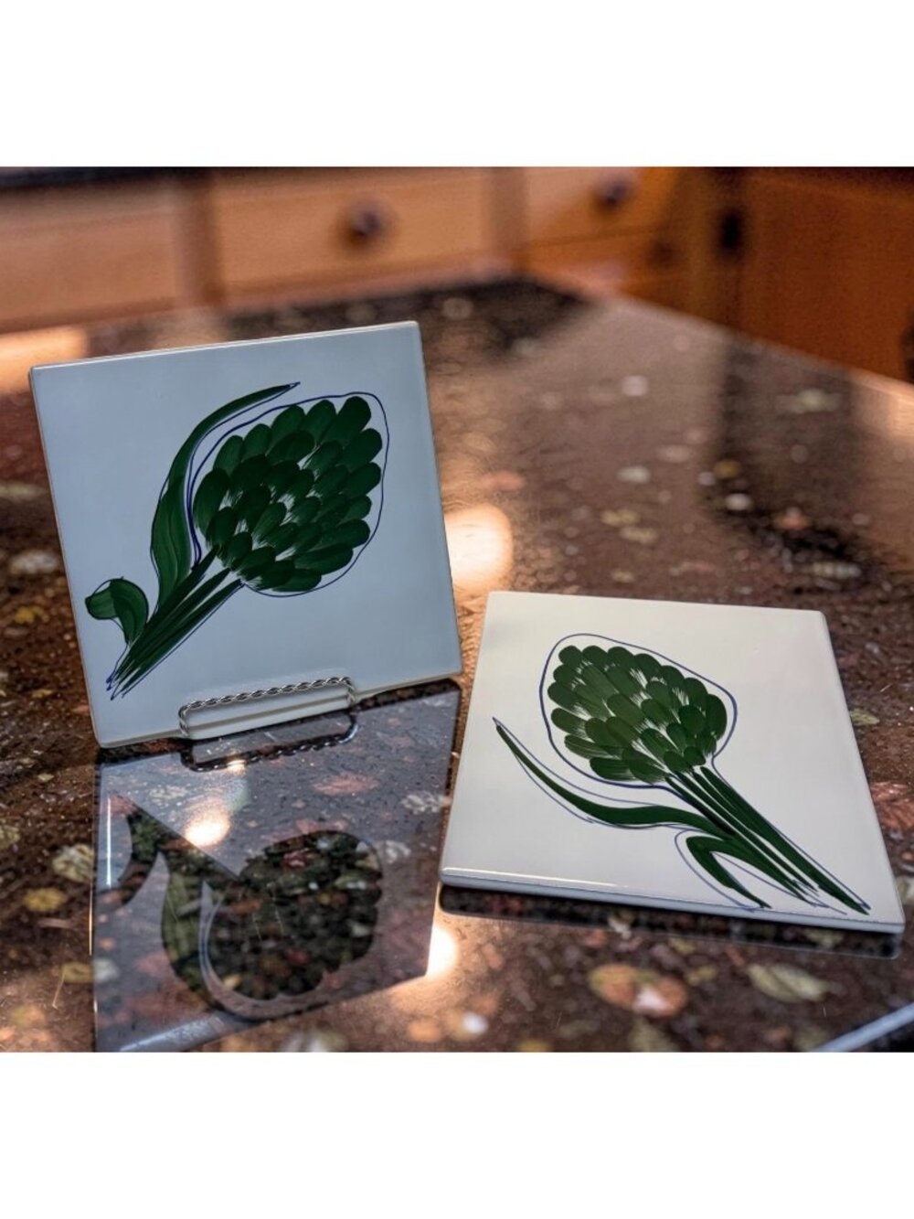 2 Vintage Italian Hand-Painted Ceramic Artichoke Tile Wall Plaque 8x8